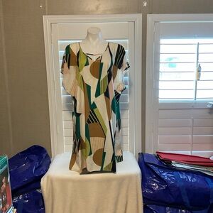 SHEIN Geometric Print Midi Dress - Green, Brown, White